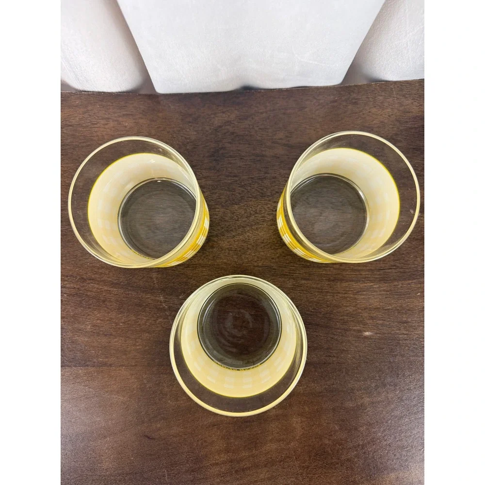 Vintage Georges Briard MCM Bar Lowball Glasses Yellow‎ Gingham Set of 3